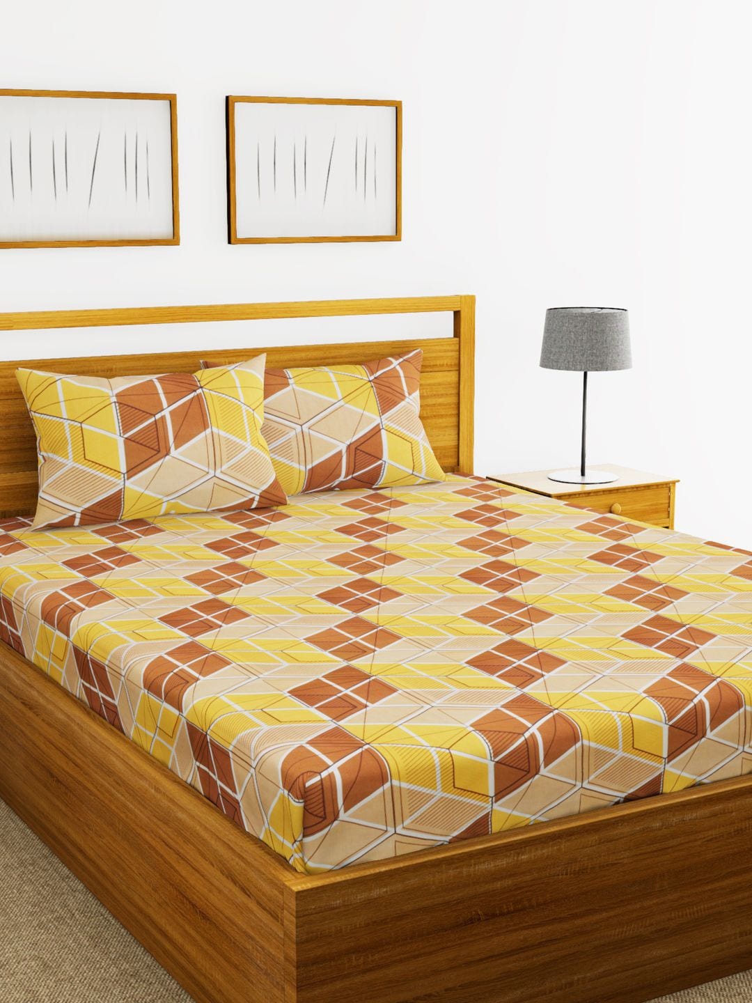 

BIANCA Yellow & Beige Geometric 144 TC Cotton 1 King Bedsheet with 2 Pillow Covers
