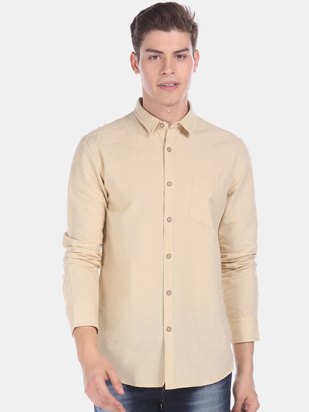 

Flying Machine Men Beige Regular Fit Solid Cotton Casual Shirt