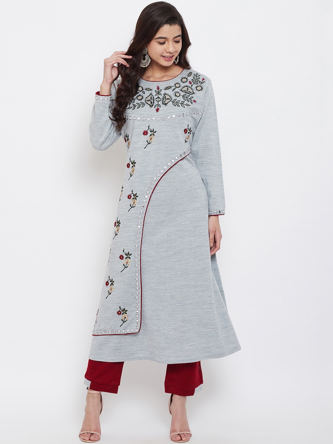 

Zigo Winter Wear Women Grey & Maroon Embroidered Kurta with Trousers