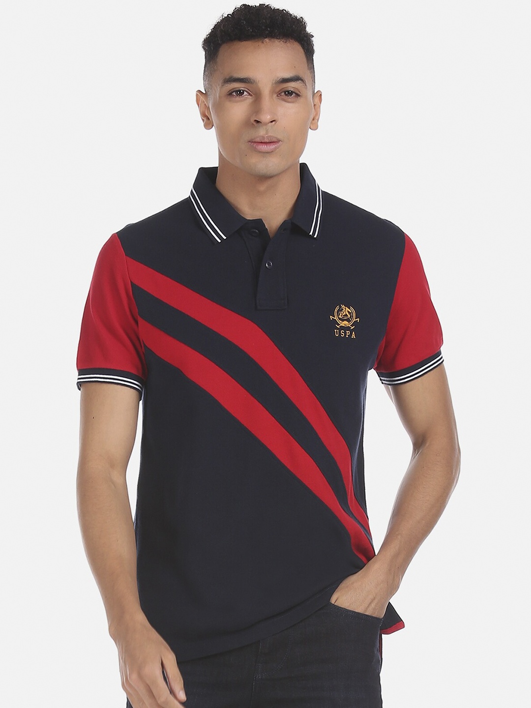 

U.S. Polo Assn. Men Navy Blue & Red Colourblocked Polo Collar T-shirt