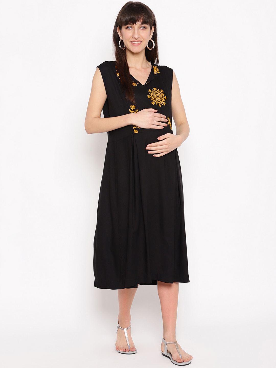 

The Vanca Women Black Embroidered Yoke A-Line Maternity Dress