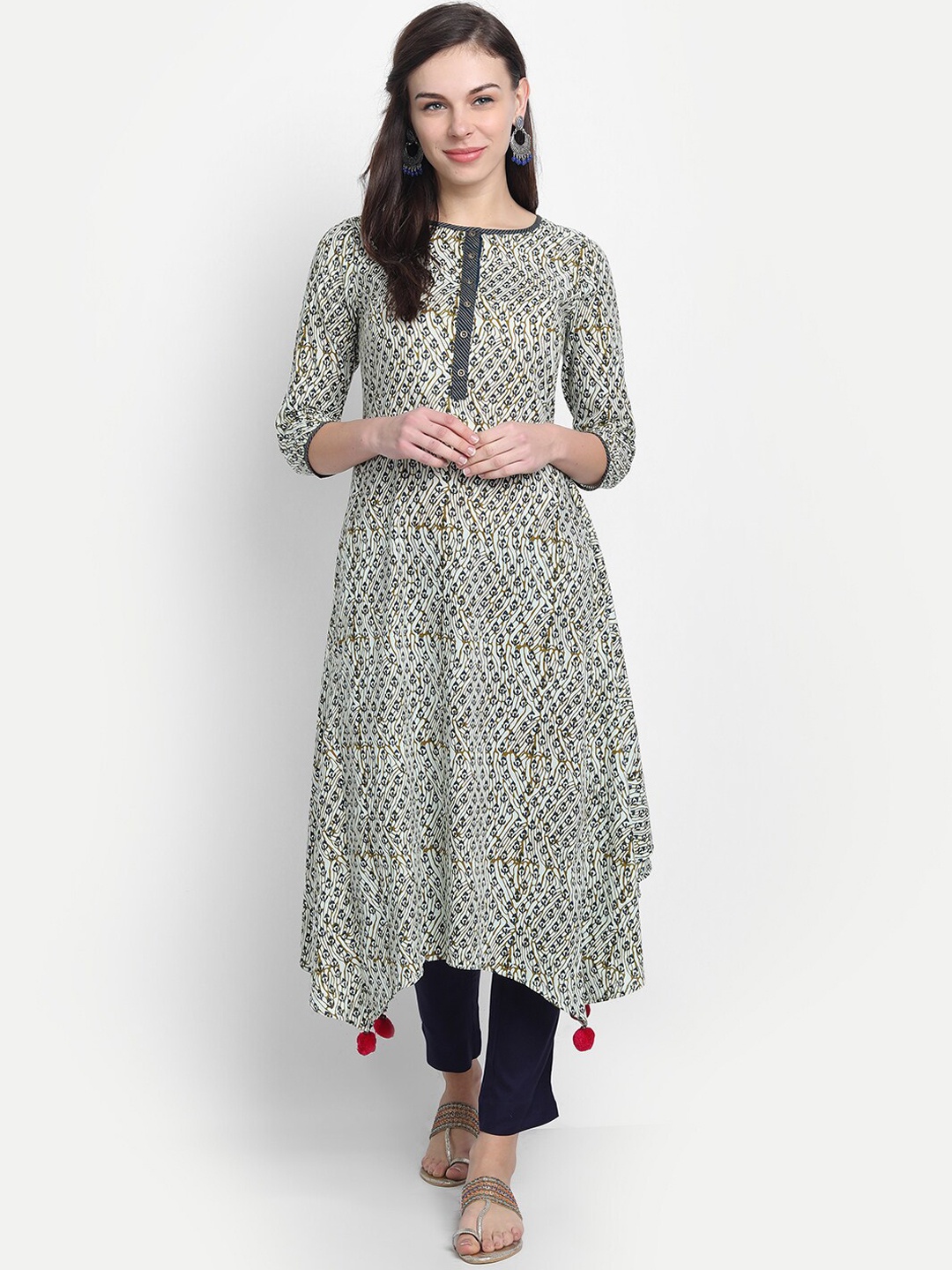 

fabGLOBAL Women Off-White & Blue Printed A-Line Kurta