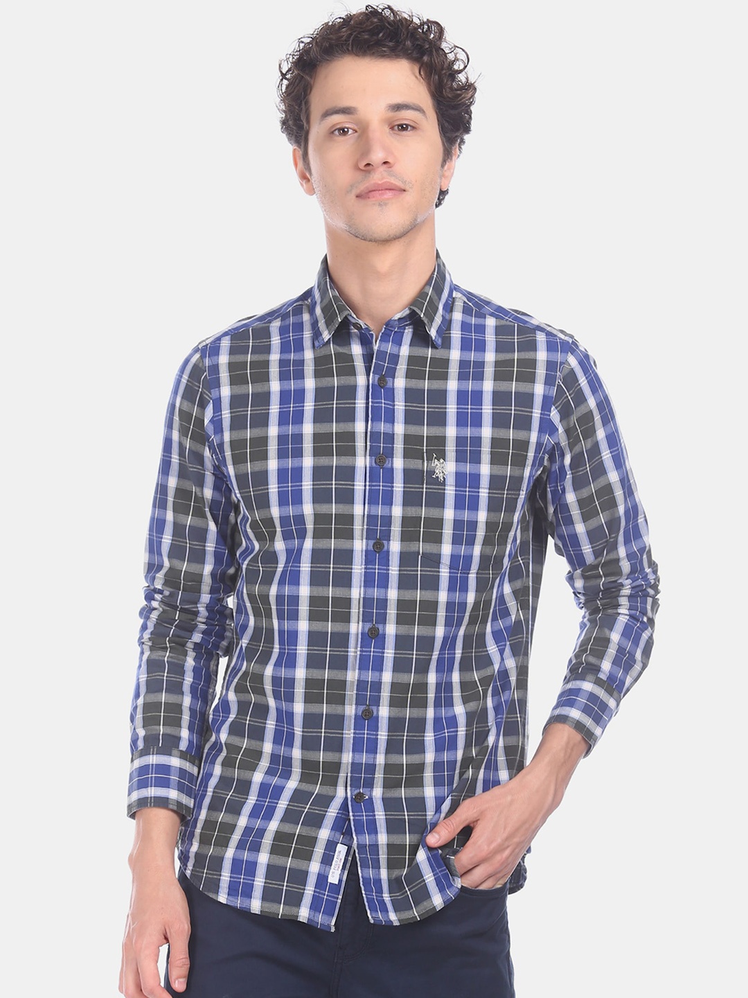 U.S. Polo Assn. Men Navy Blue & Grey Regular Fit Checked Casual Shirt