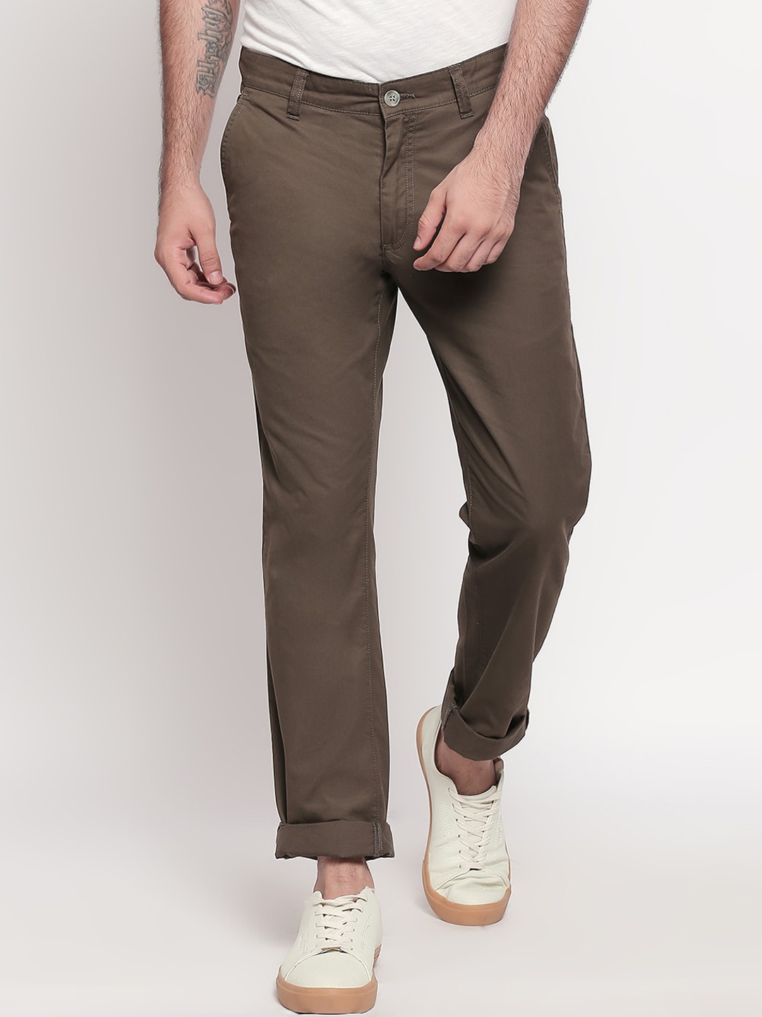

BYFORD by Pantaloons Men Olive Green Regular Fit Solid Trousers