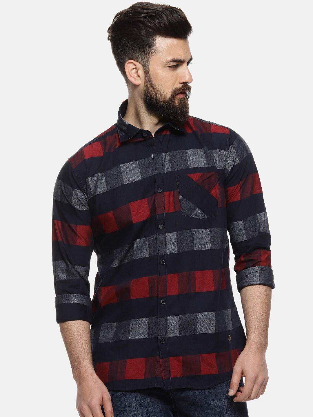 Campus Sutra Men Black & Red Regular Fit Checked Casual Shirt