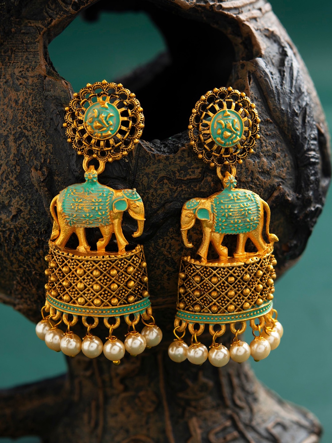 

E2O Gold-Plated & Green Handcrafted Dome Shaped Jhumkas