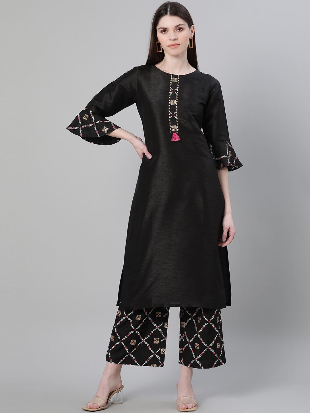 

ZIYAA Women Black & Gold-Toned Printed Kurta with Palazzos