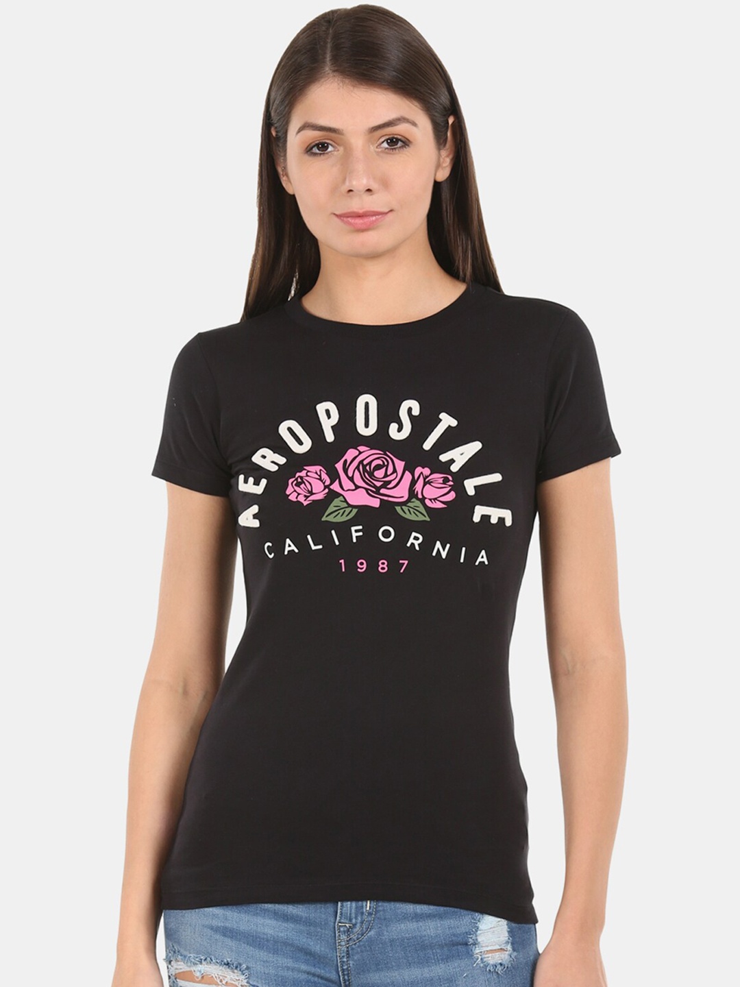 

Aeropostale Women Black Printed Round Neck Pure Cotton T-shirt