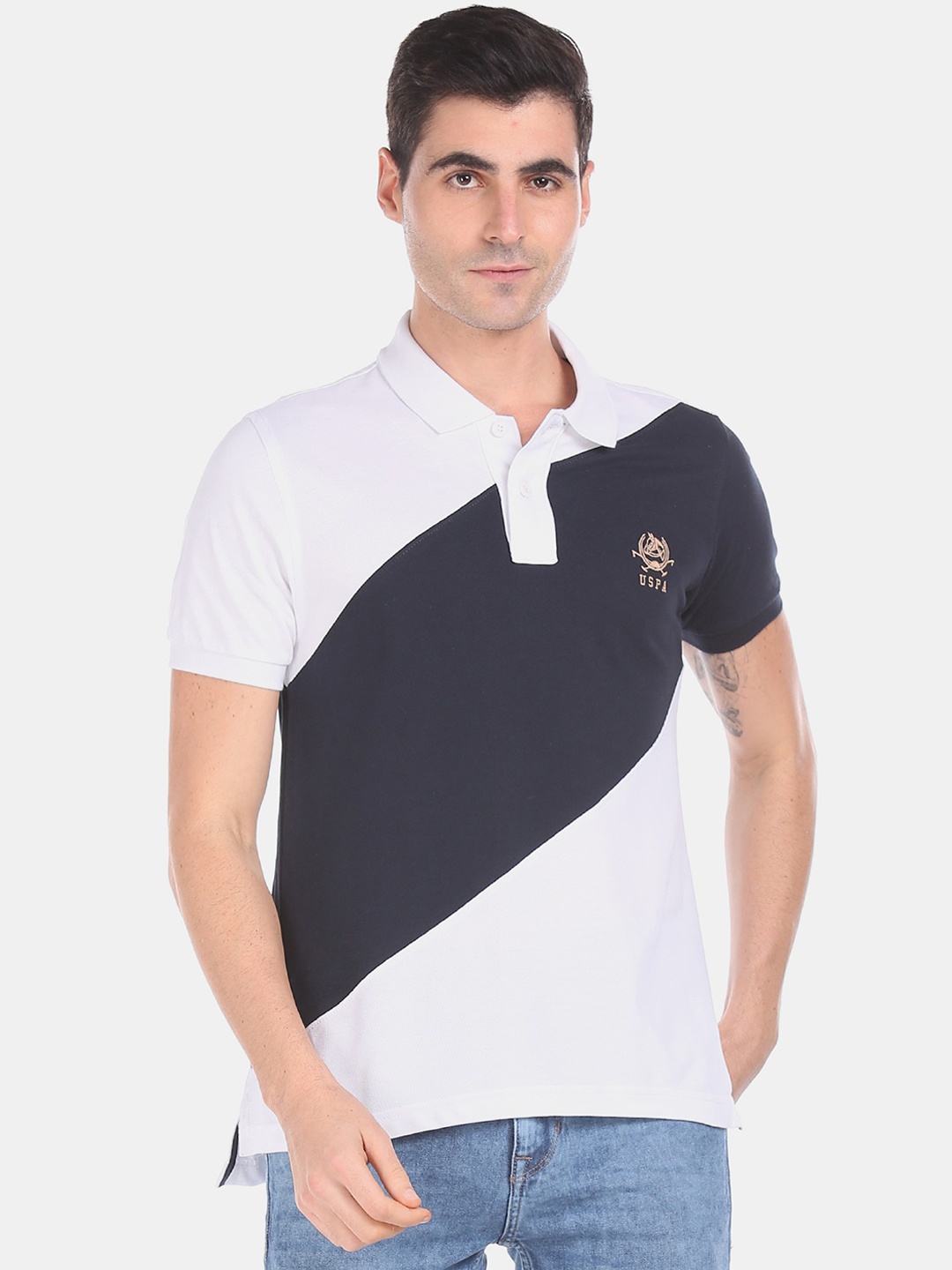 

U.S. Polo Assn. Men White Colourblocked Polo Collar Pure Cotton T-shirt