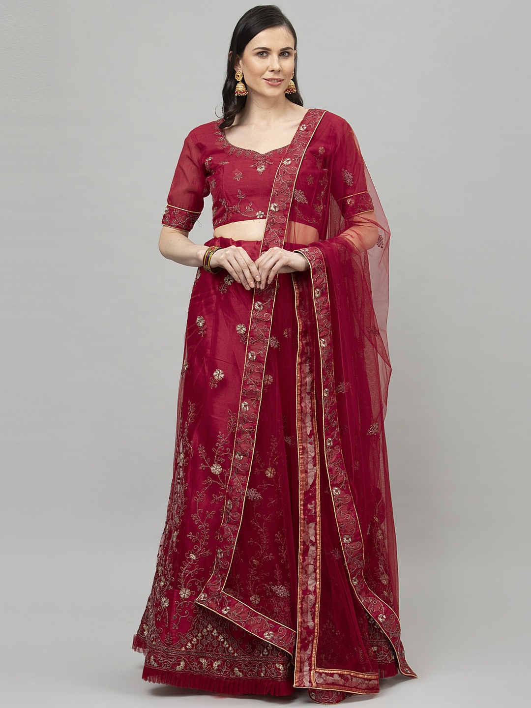 

Satrani Red & Silver-Toned Embroidered Semi-Stitched Lehenga & Unstitched Blouse with Dupatta