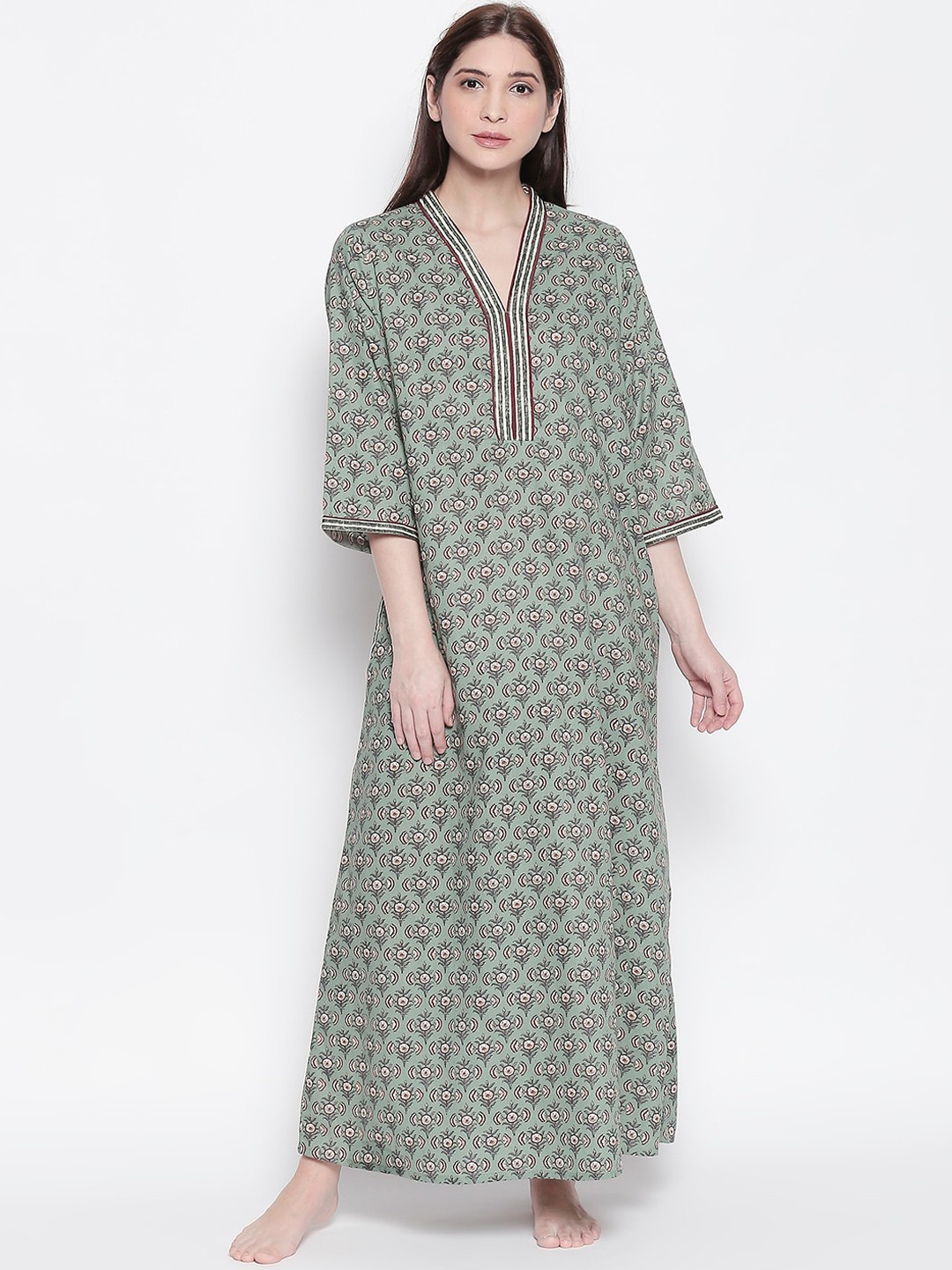 

RANGMANCH BY PANTALOONS Green & White Printed Nightdress
