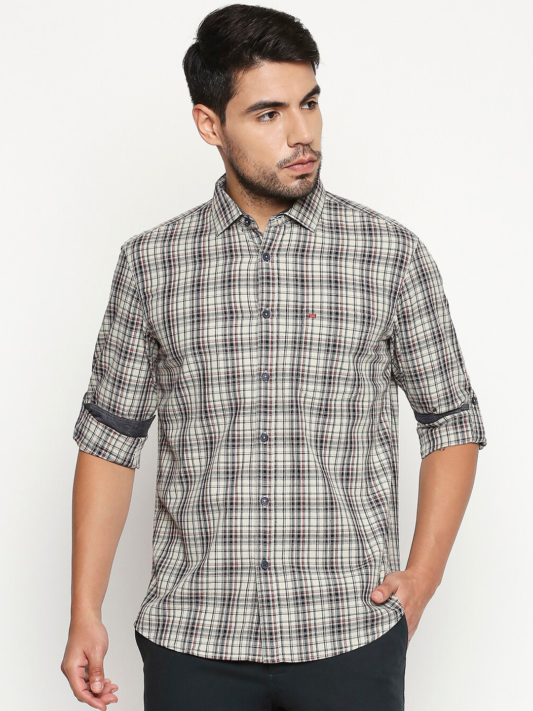 

Basics Men Beige & Black Slim Fit Checked Cotton Casual Shirt