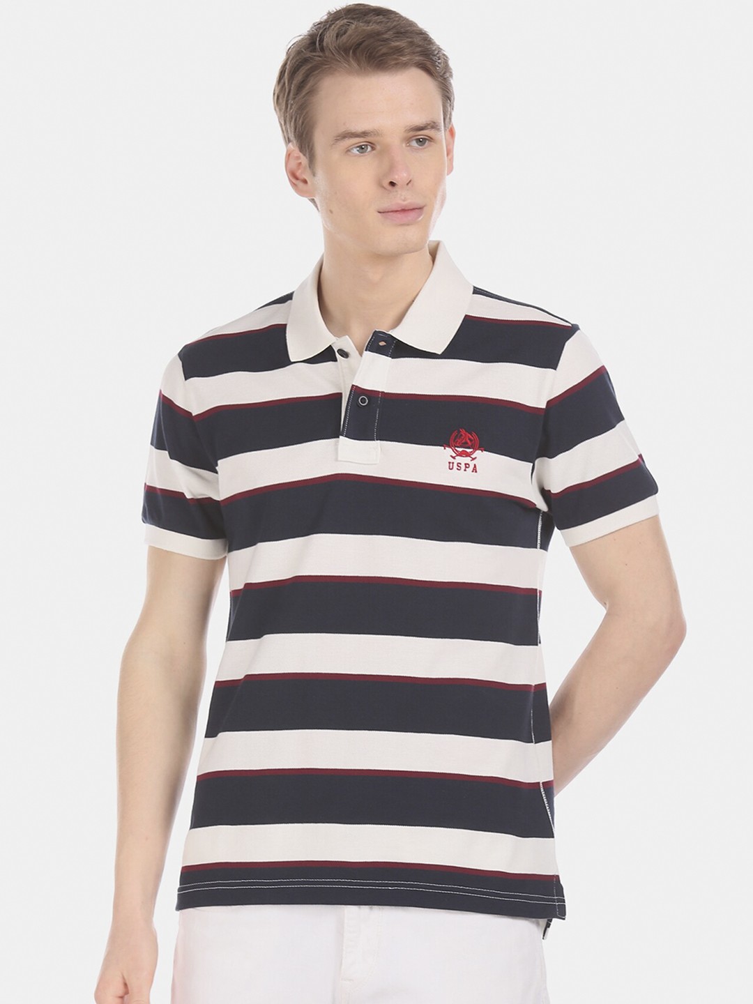 

U.S. Polo Assn. Beige & Navy Blue Striped Collar T-shirt