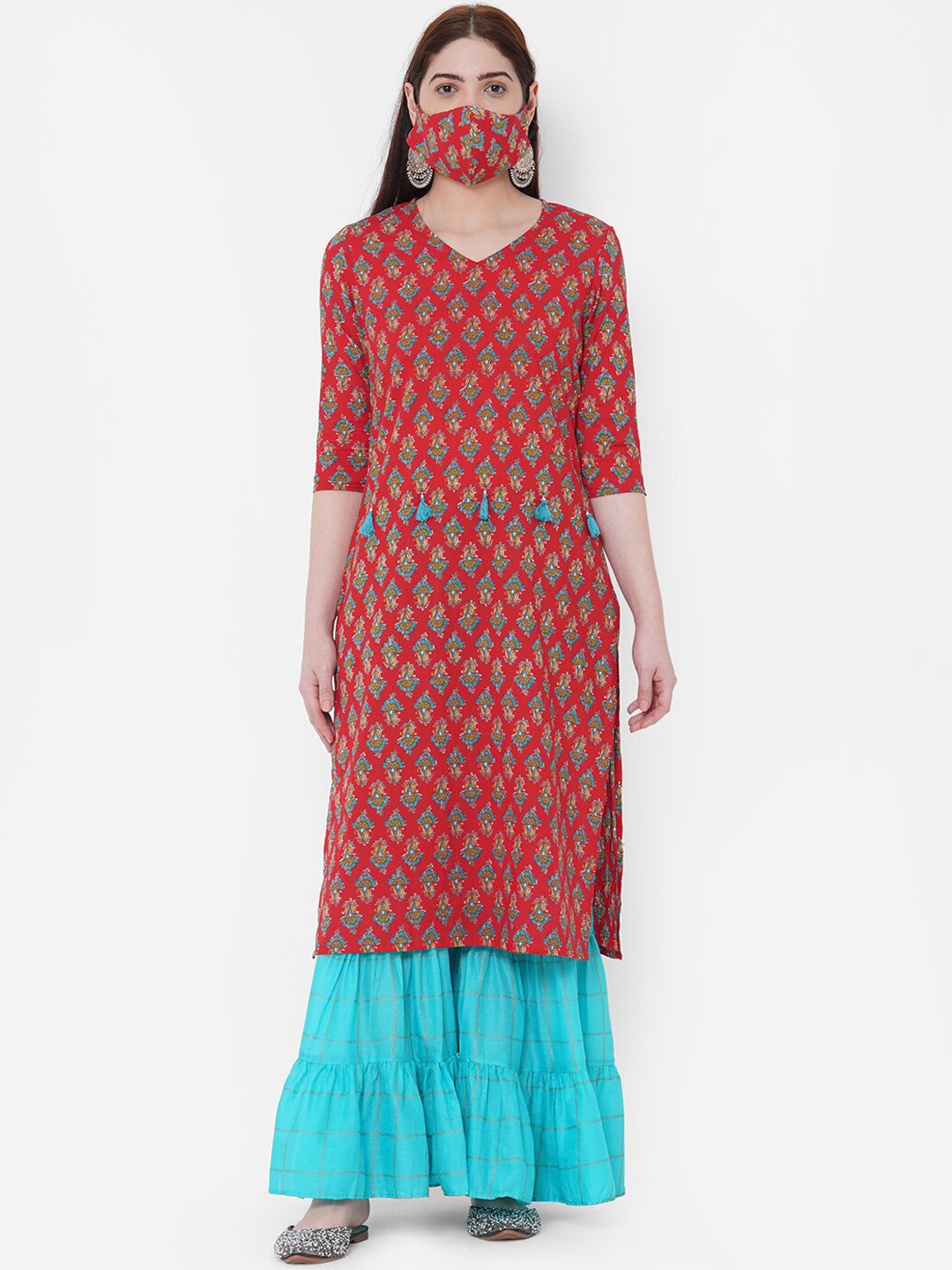 

FASHOR Women Red & Blue Ethnic Motifs Printed Kurta