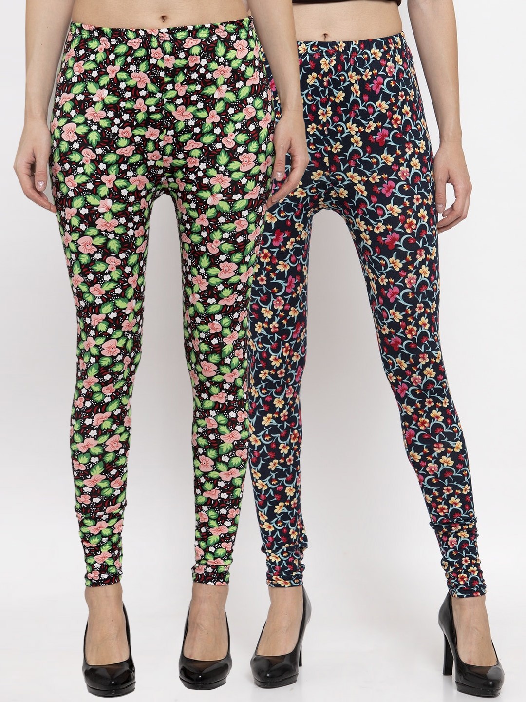 KLOTTHE Women Pack Of 2 Floral Printed Ankle Length Leggings, Navy blue