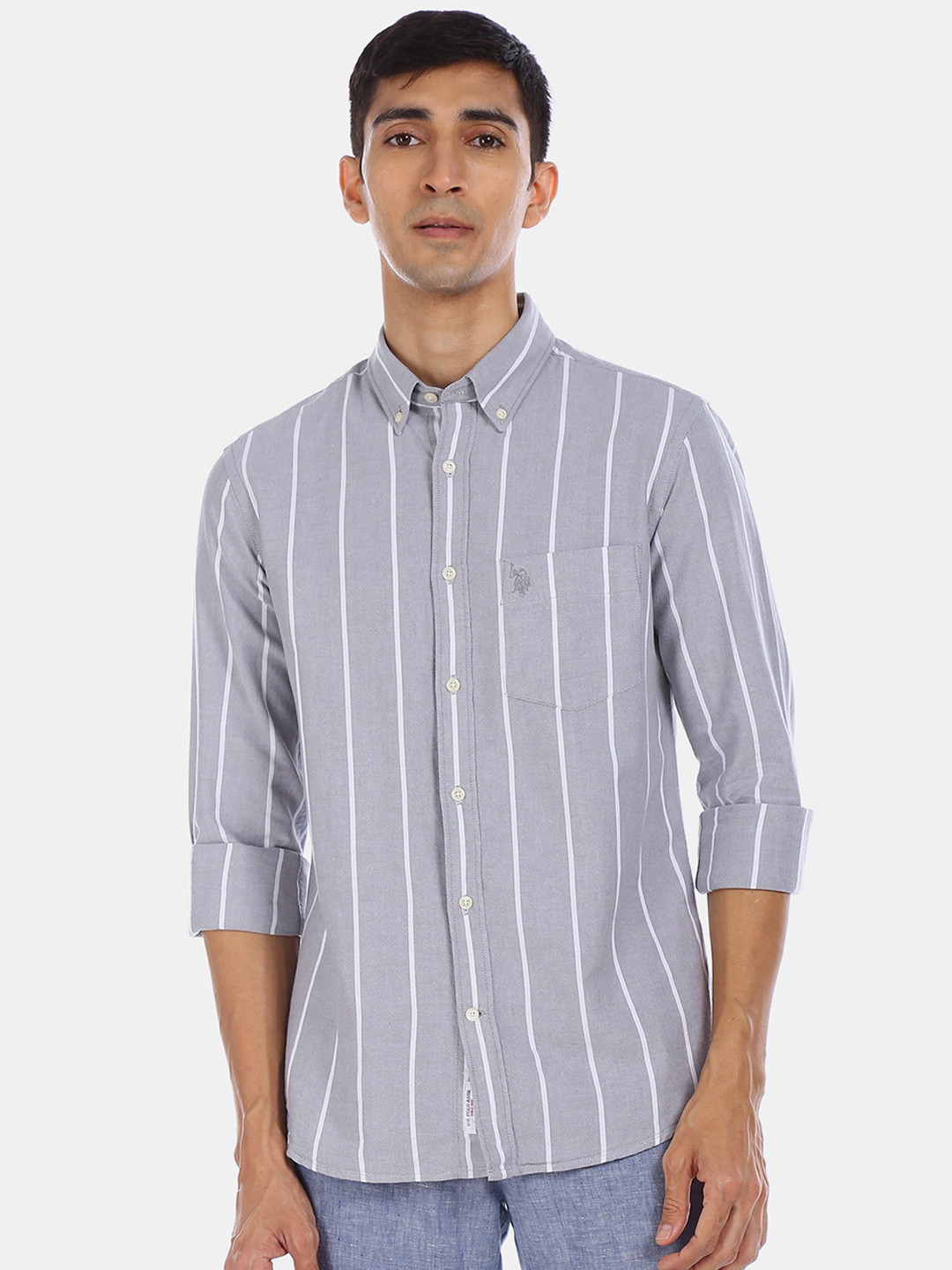 

U.S. Polo Assn. Men Grey & White Regular Fit Striped Casual Shirt