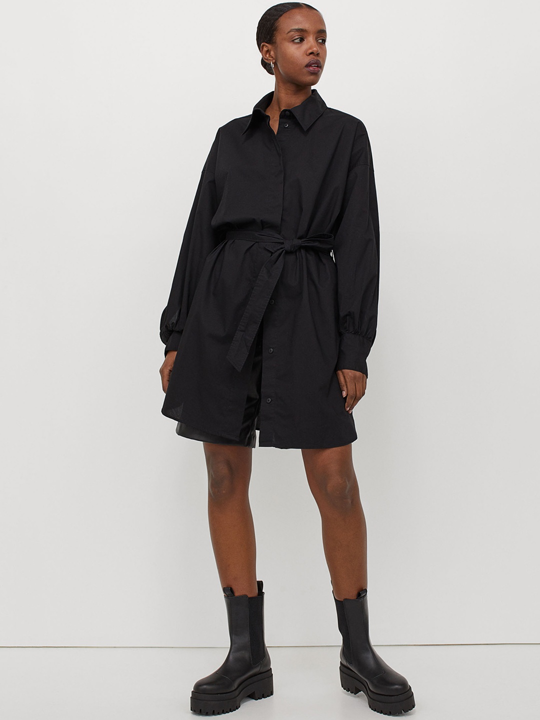 

H&M Women Cotton Black Tie-Belt Shirt Dress