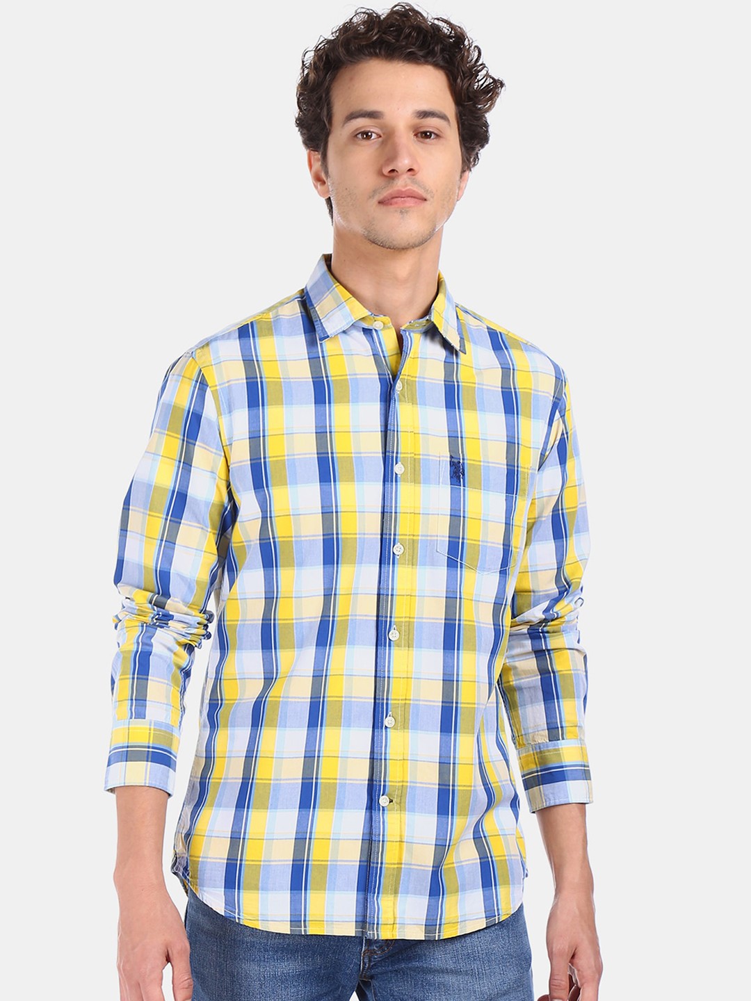 

U.S. Polo Assn. Men Yellow & Blue Regular Fit Checked Cotton Casual Shirt