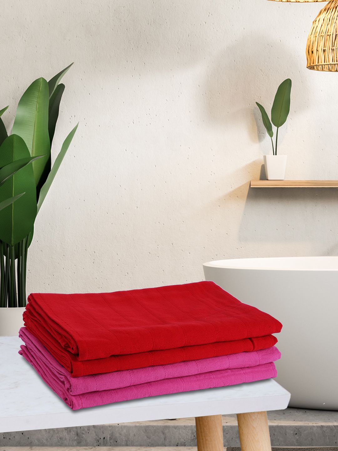 

KOPA LORENA Unisex Set Of 4 Solid 300 GSM Cotton Quick-Dry One Side Terry Bath Towels, Red