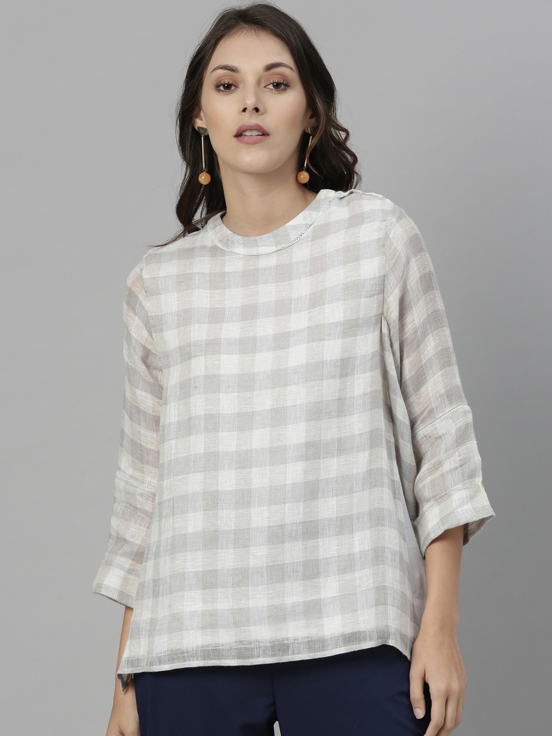 

RAREISM Women Grey Checked Linen Top