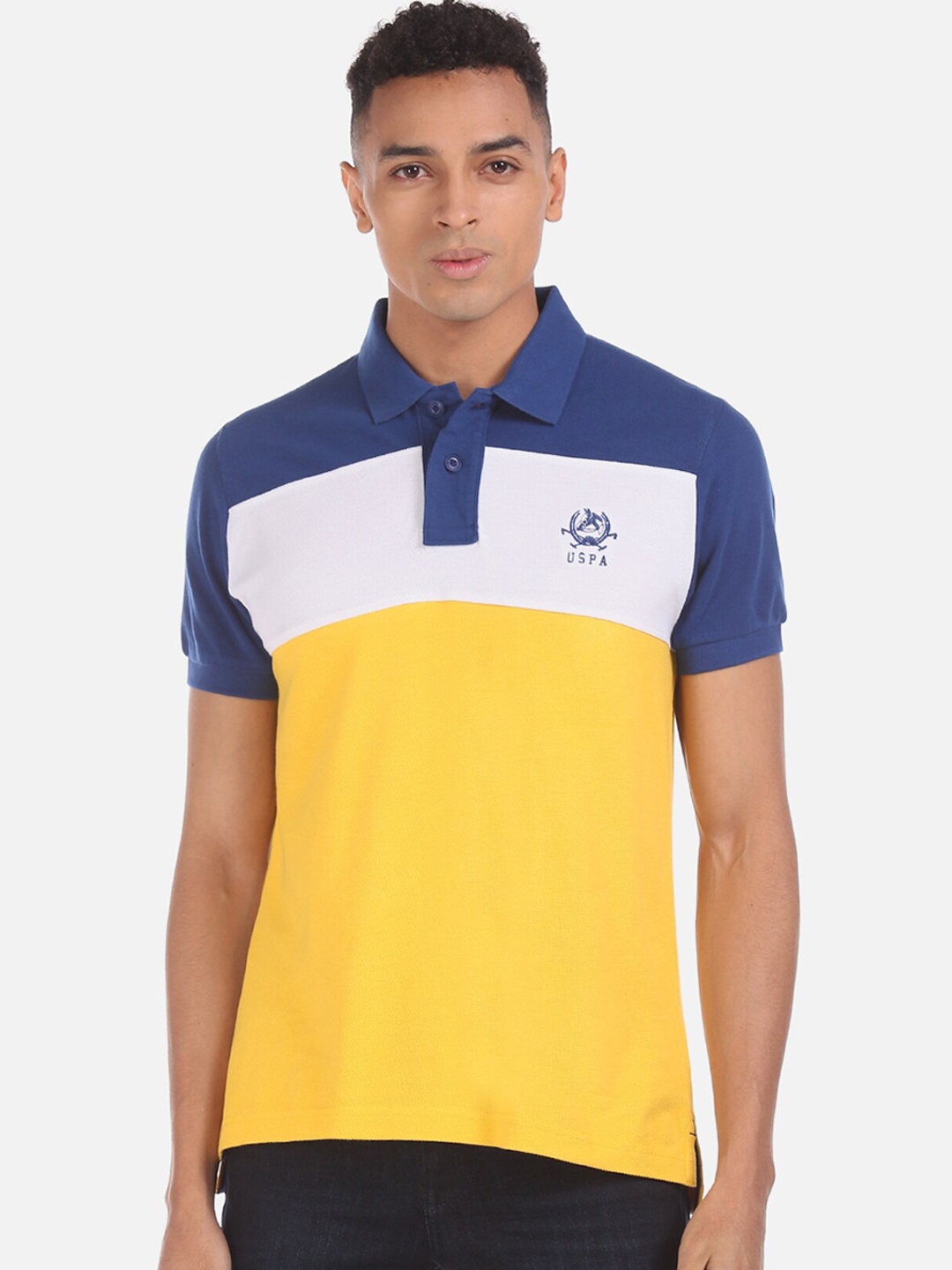 

U.S. Polo Assn. Men Yellow & Blue Colourblocked Polo Collar T-shirt