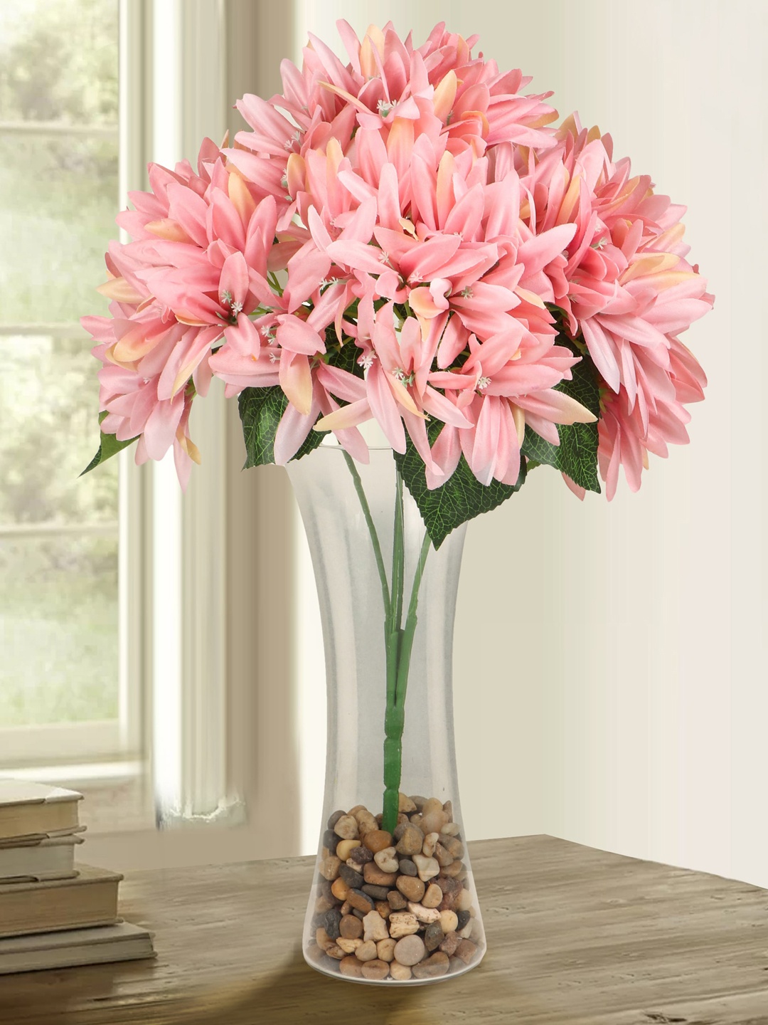 

TIED RIBBONS Pink & Green Artificial Plant with Glass Vase