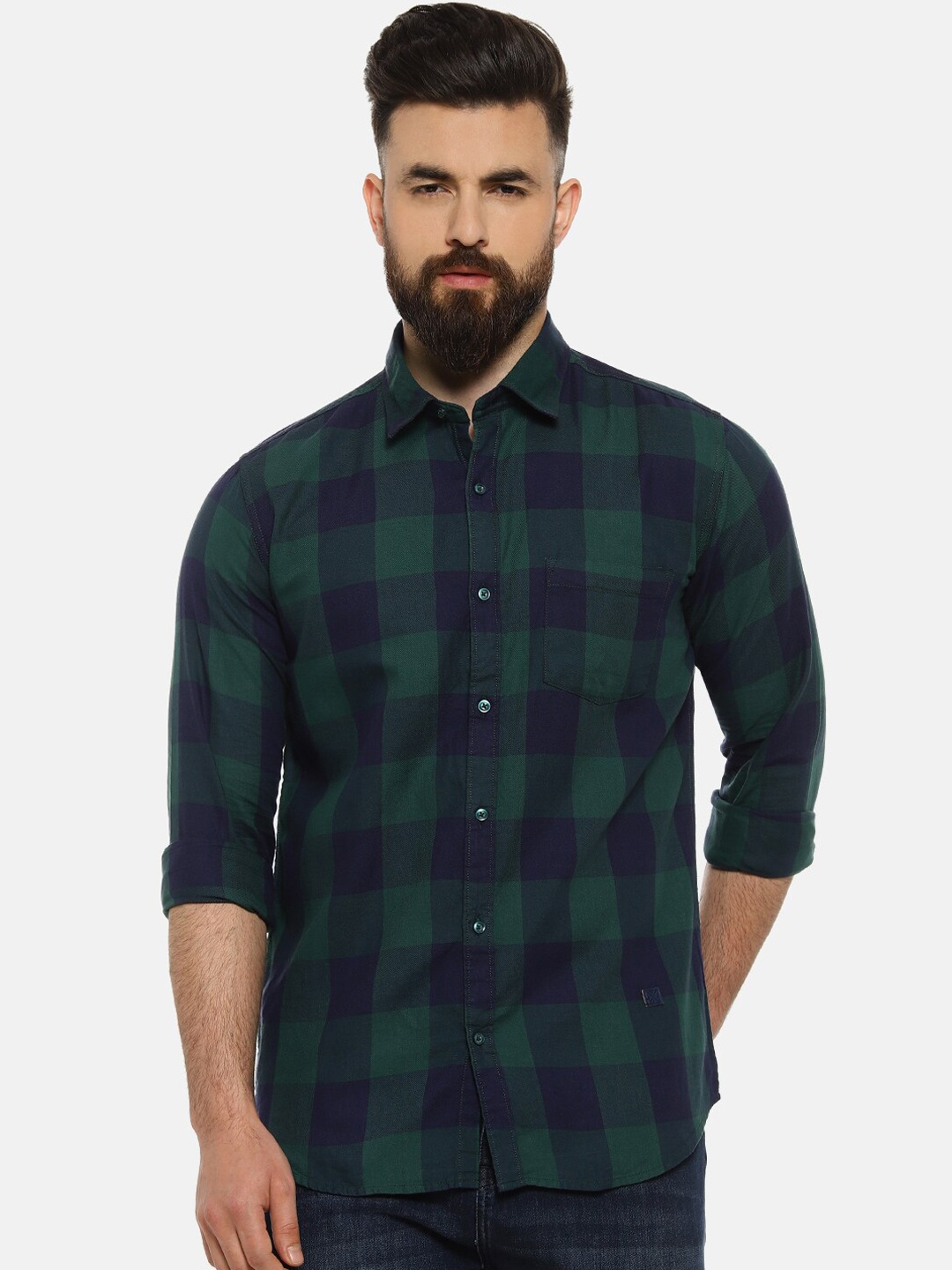 Campus Sutra Men Green & Navy Blue Regular Fit Checked Casual Shirt
