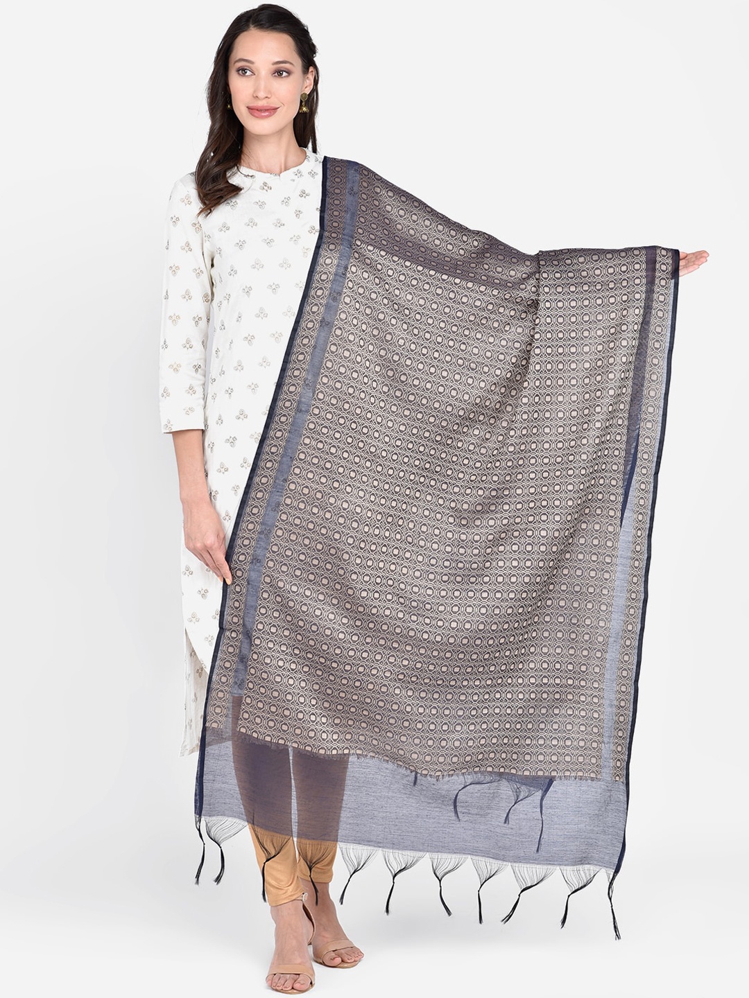 

Dupatta Bazaar Navy Blue & Beige Woven Design Dupatta