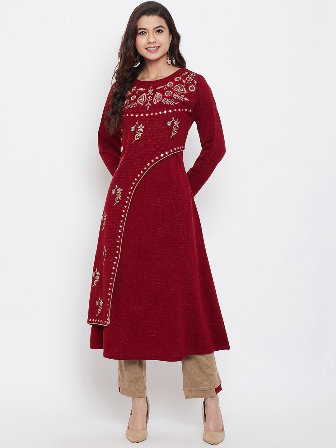 

Zigo Winter Wear Women Maroon & Beige Embroidered Kurta with Trousers