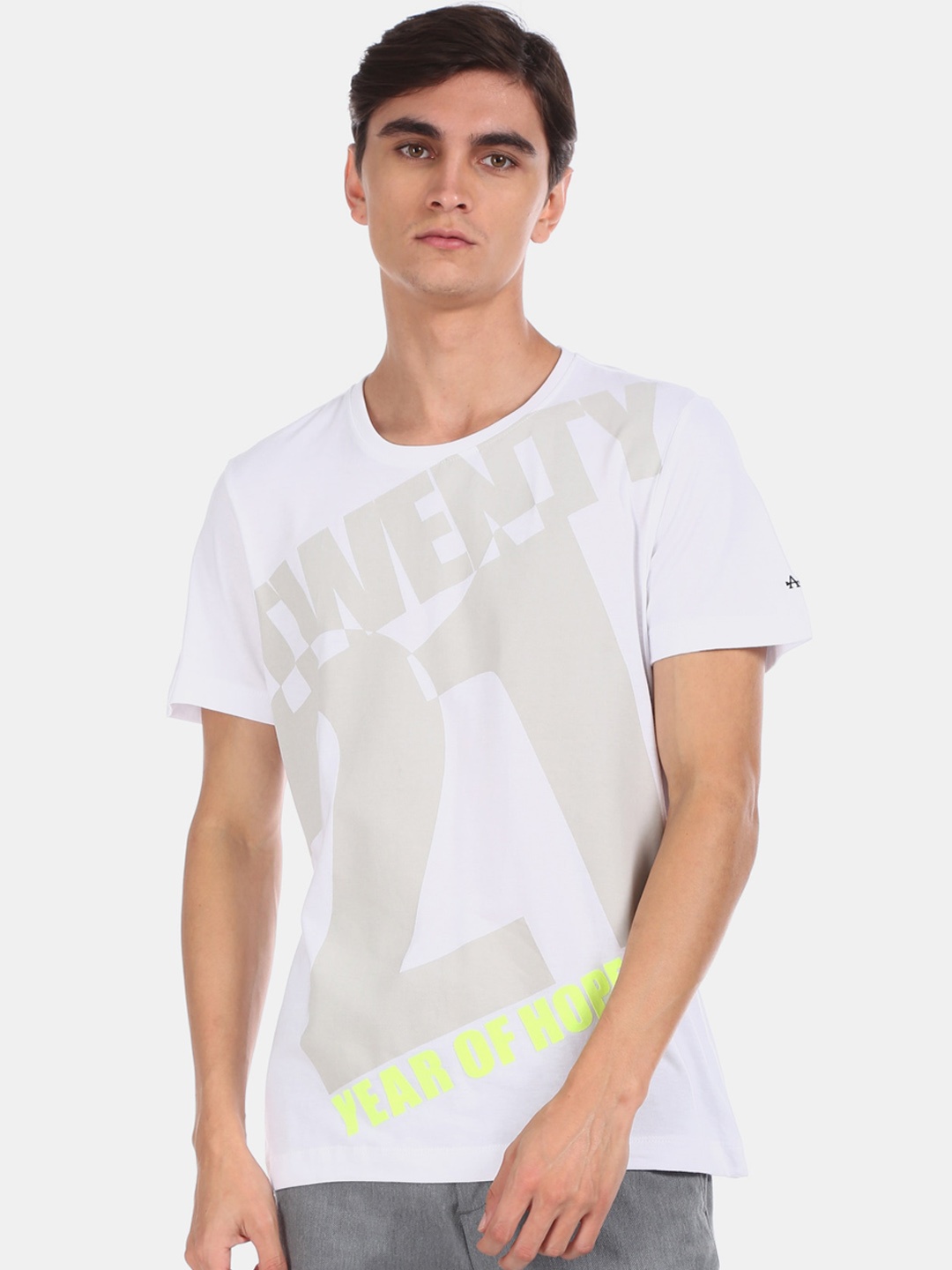 

Arrow New York Men White Printed Round Neck Cotton Pure Cotton T-shirt