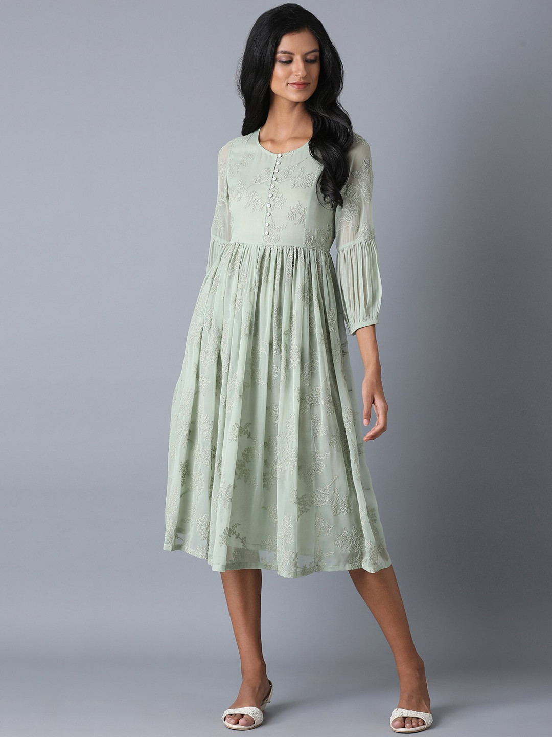

W Women Pastel Green Self Design Fit & Flare Dress