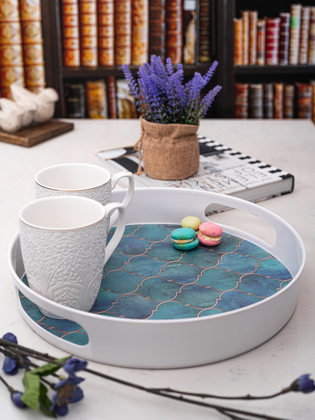

GOODHOMES White & Blue Printed Melamine Round Serving Tray