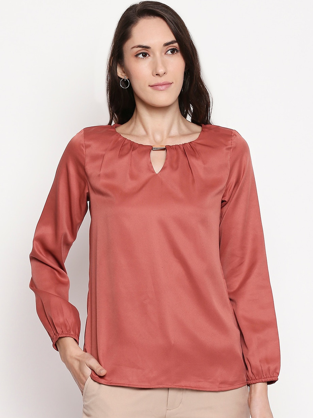 

Annabelle by Pantaloons Women Rust-Coloured Solid Keyhole Neck Top