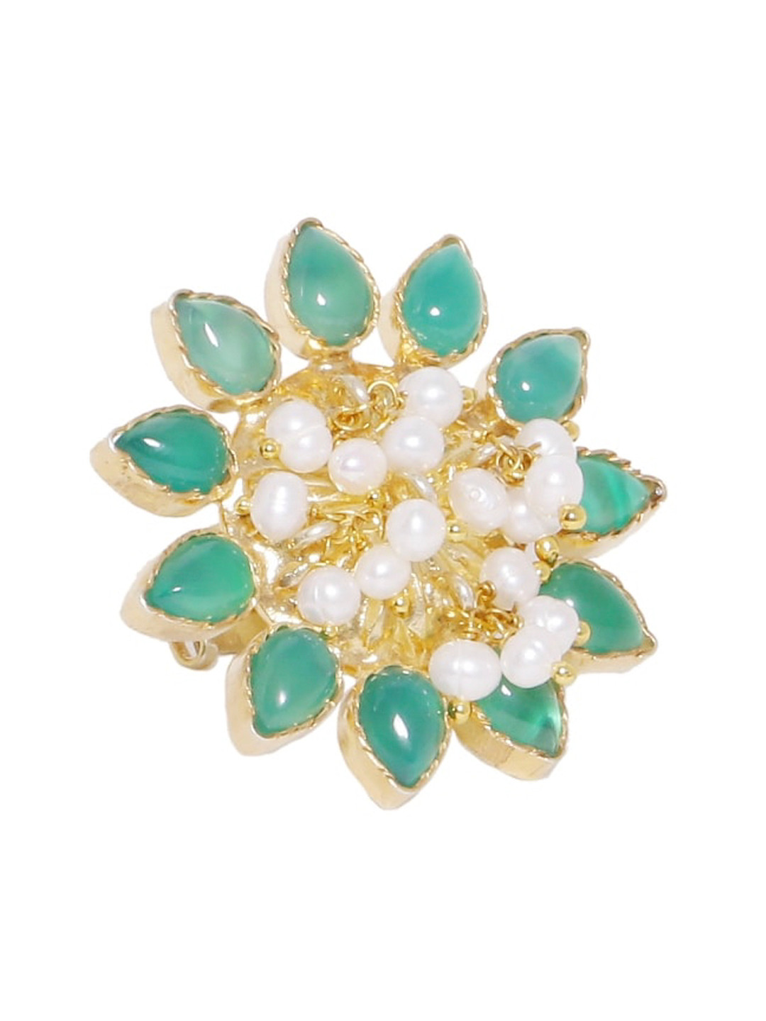 

Silvermerc Designs Sterling Silver Gold-Plated Sea Green & White Onyx & Pearl-Studded Handcrafted Adjustable Finger Ring
