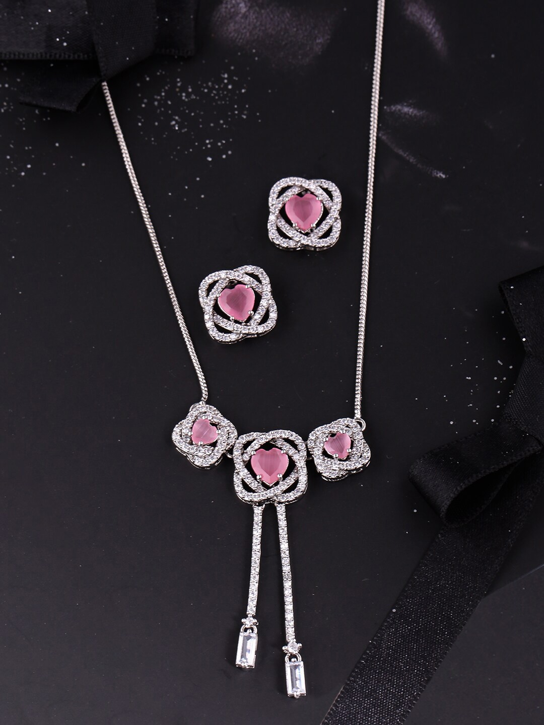 

Voylla Silver-Plated Pink & White CZ-Studded Jewellery Set