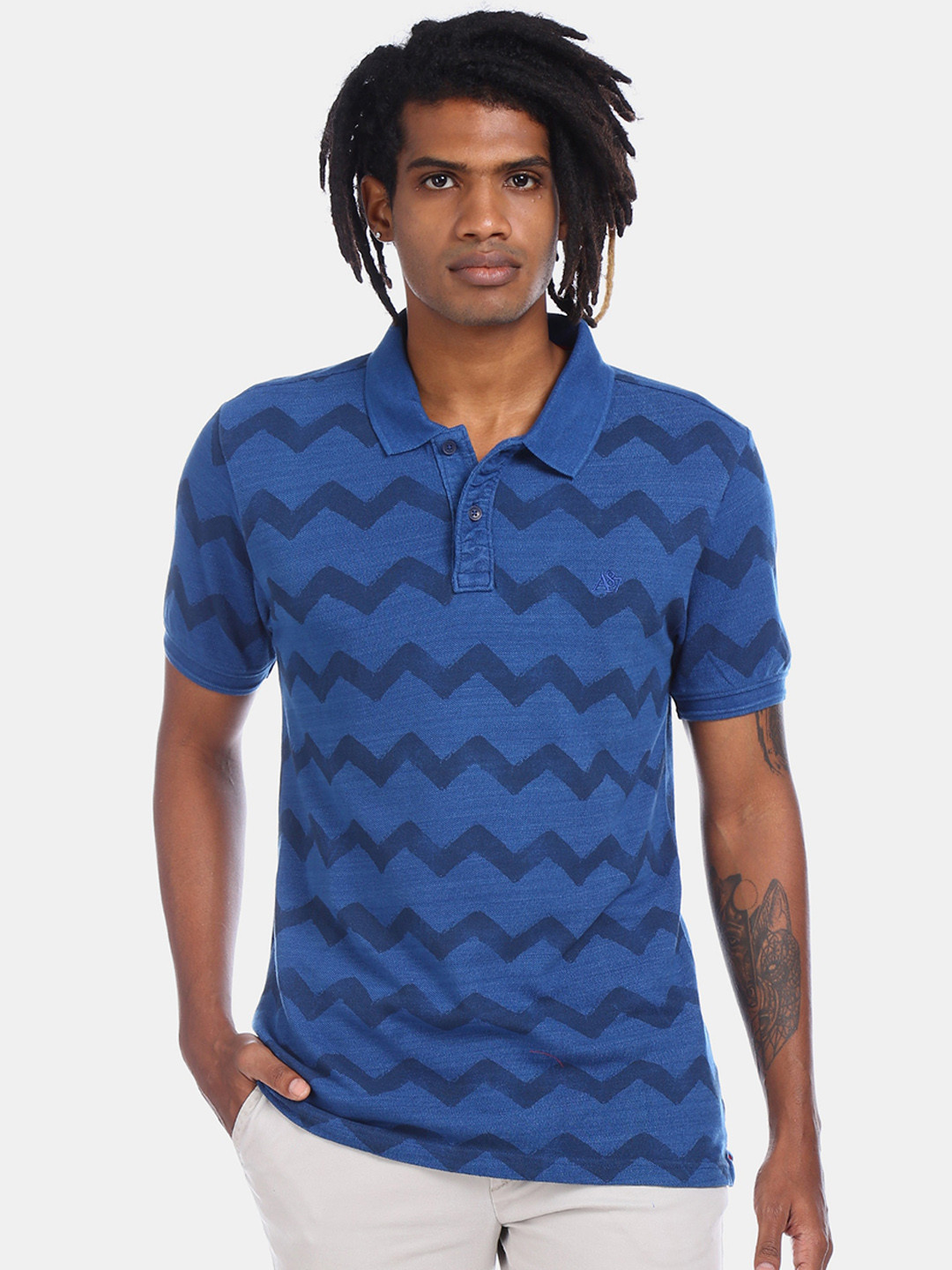 

Aeropostale Men Blue Printed Polo Collar Cotton Pure Cotton T-shirt
