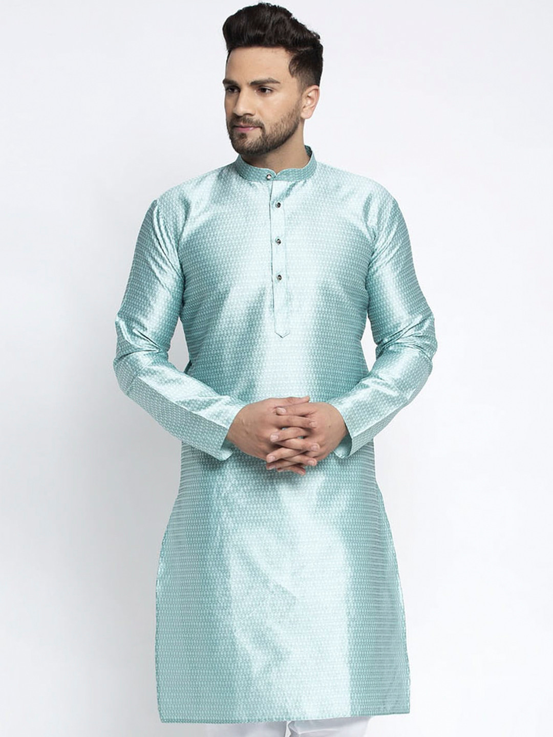 

Jompers Turquoise Blue Thread Work Woven Design Mandarin Collar Regular Sleeves Kurta