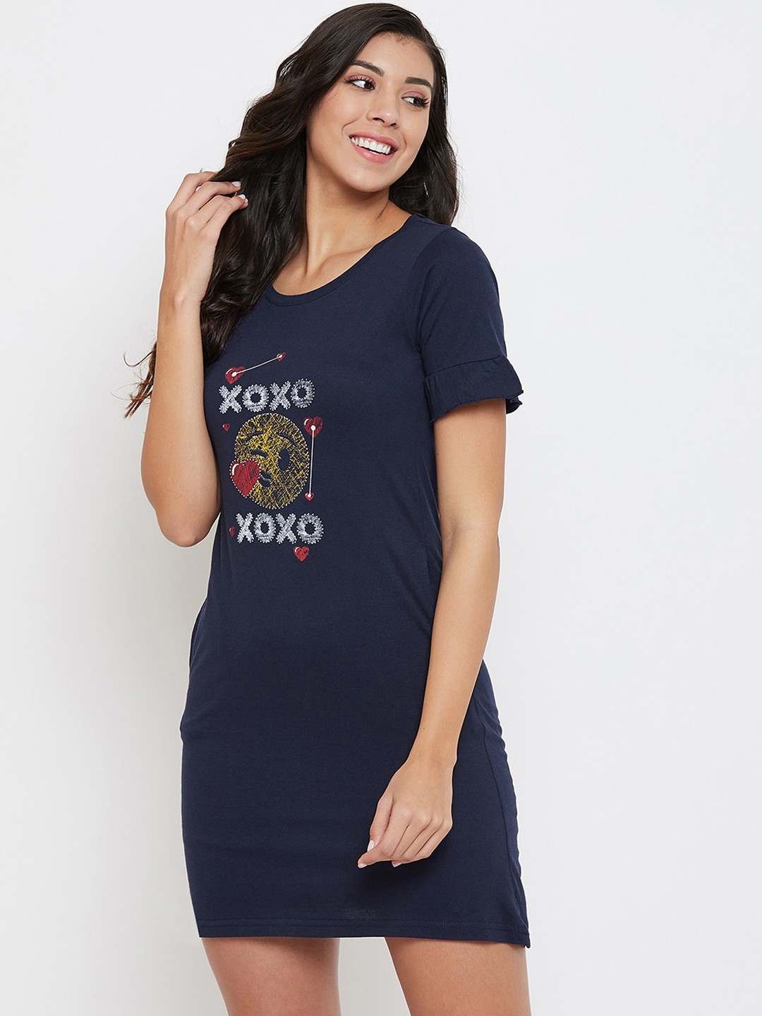 

Clovia Navy Blue Printed Nightdress