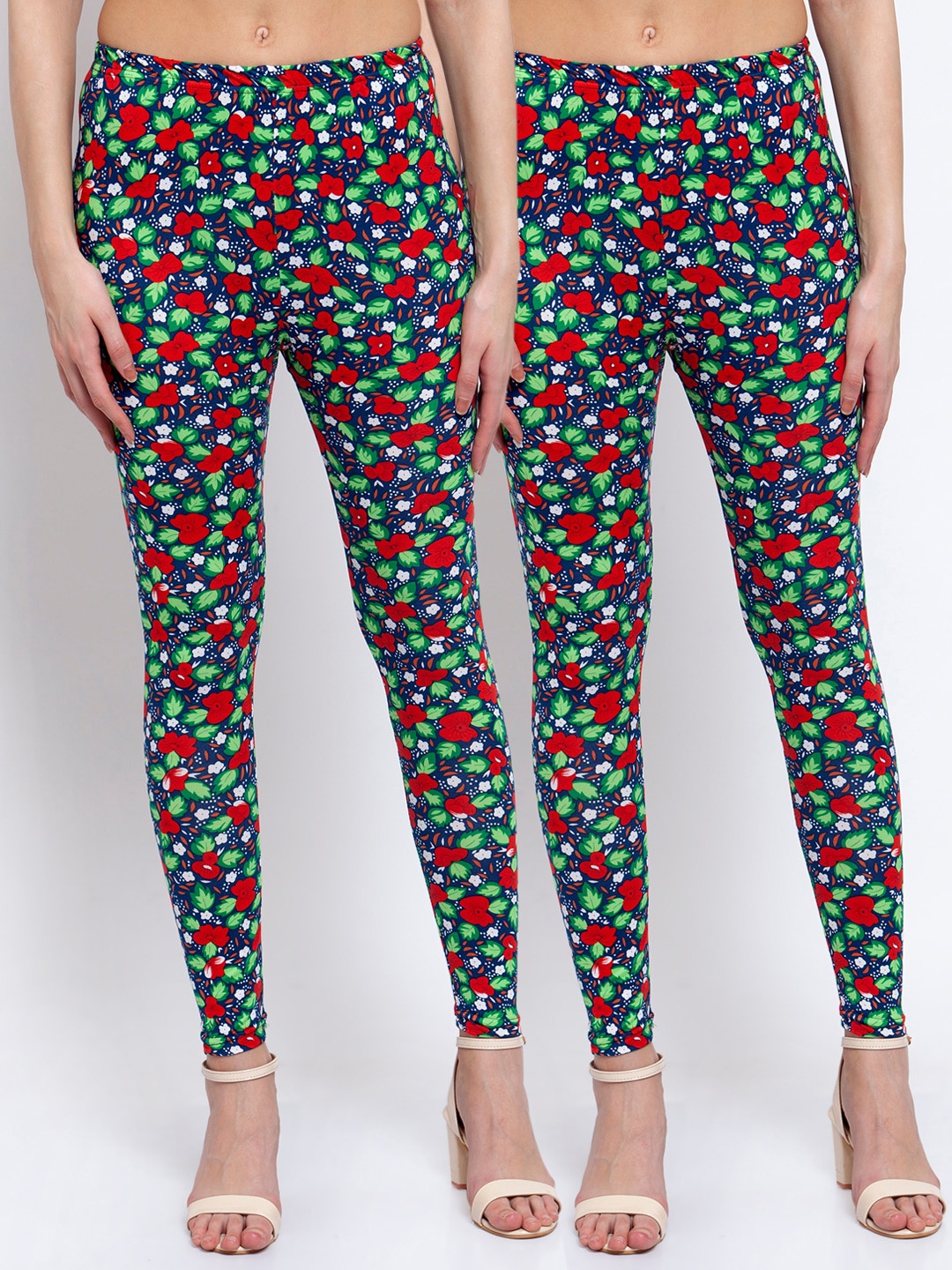 

KLOTTHE Women Pack of 2 Blue & Green Printed Ankle Length Leggings