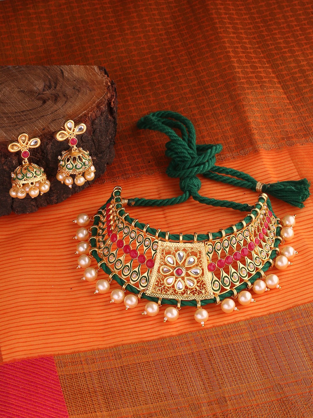

Shoshaa Gold Plated Green & Pink Kundan Studded Jewellery Set