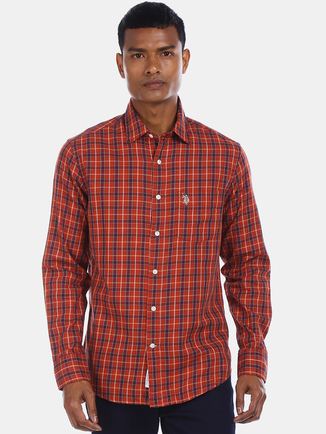 

U.S. Polo Assn. Men Orange & Navy Blue Regular Fit Checked Cotton Casual Shirt