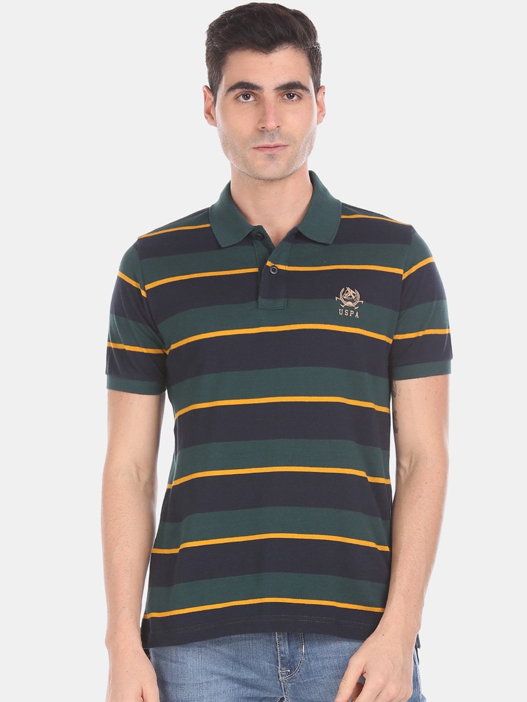 

U.S. Polo Assn. Men Green Striped Polo Collar T-shirt