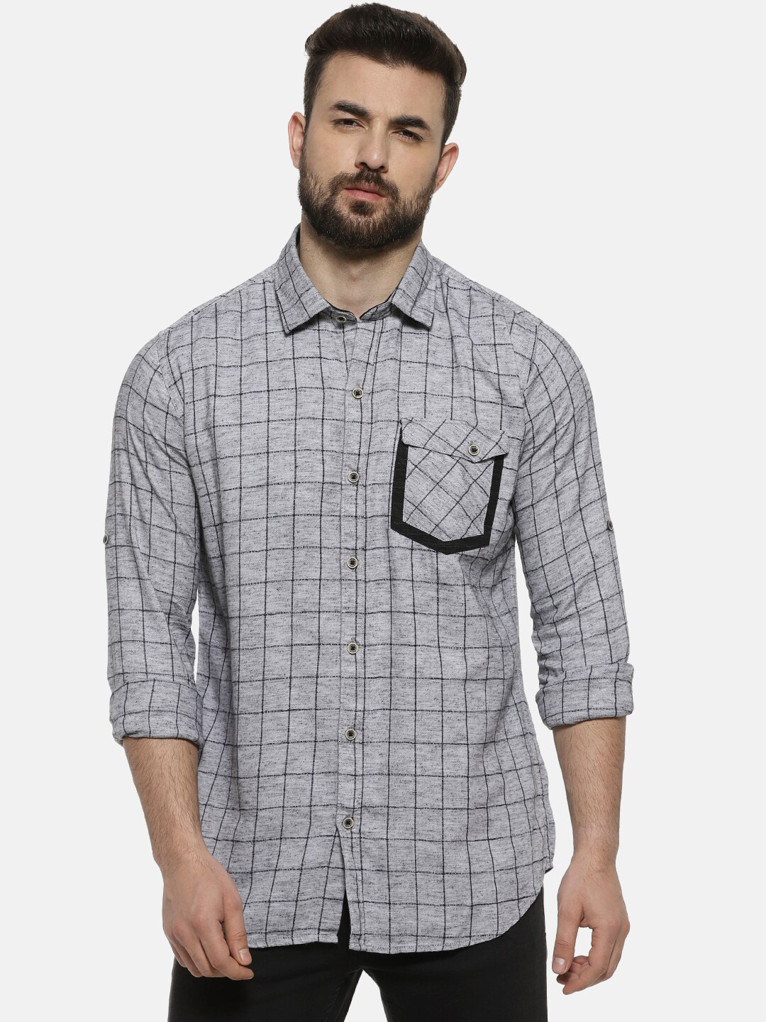 

Campus Sutra Men Grey & Black Checked Casual Shirt
