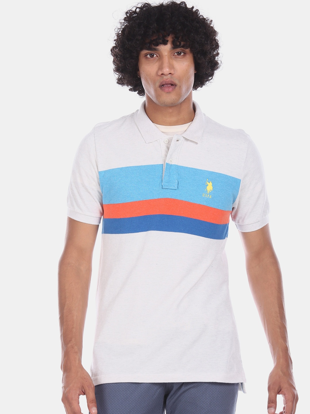 

U.S. Polo Assn. Men White Striped Polo Collar T-shirt