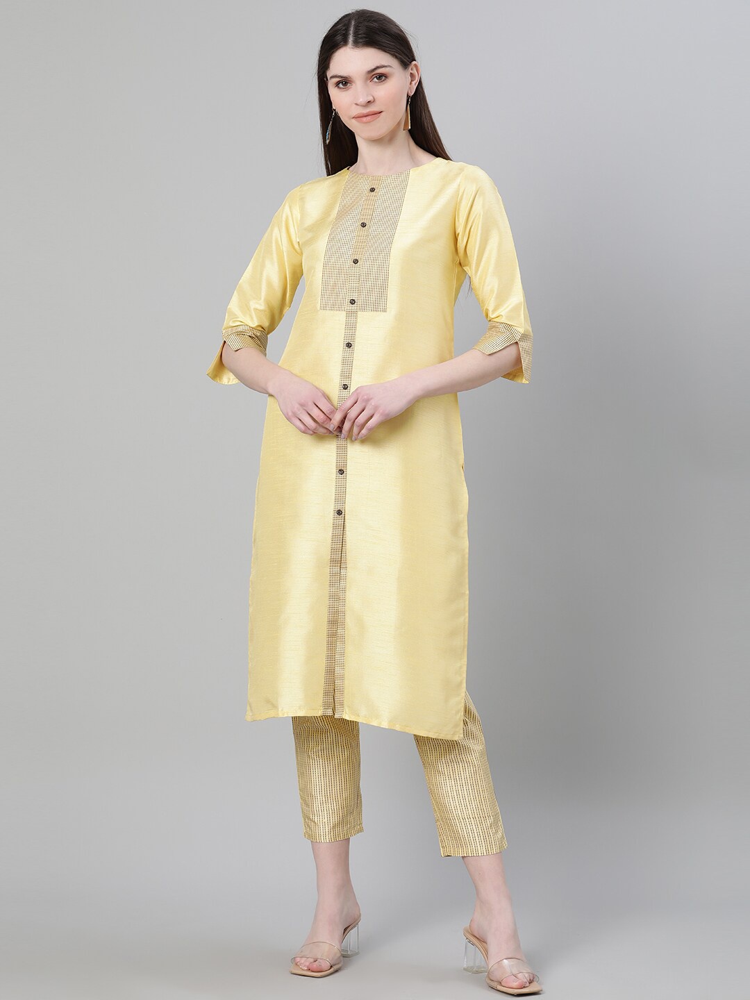 

ZIYAA Women Yellow Yoke Design Kurta with Trousers