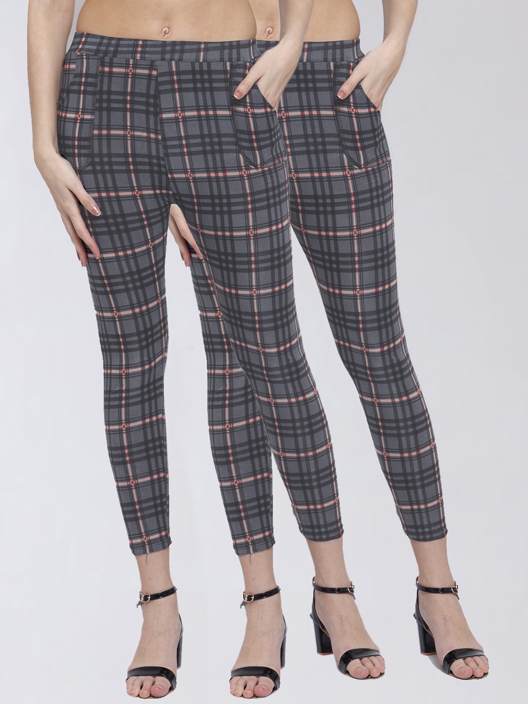 

KLOTTHE Women Pack of 2 Grey & Red Checked Ankle-Length Leggings