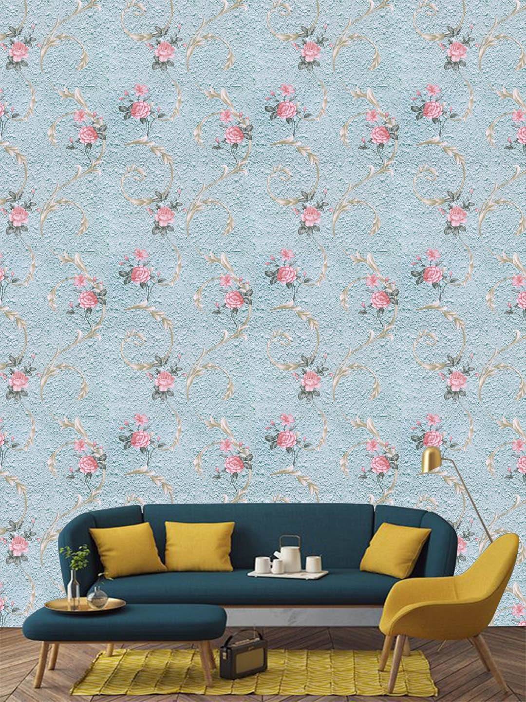 

Jaamso Royals Blue & Pink Floral Self Adhesive Removable Wallpaper