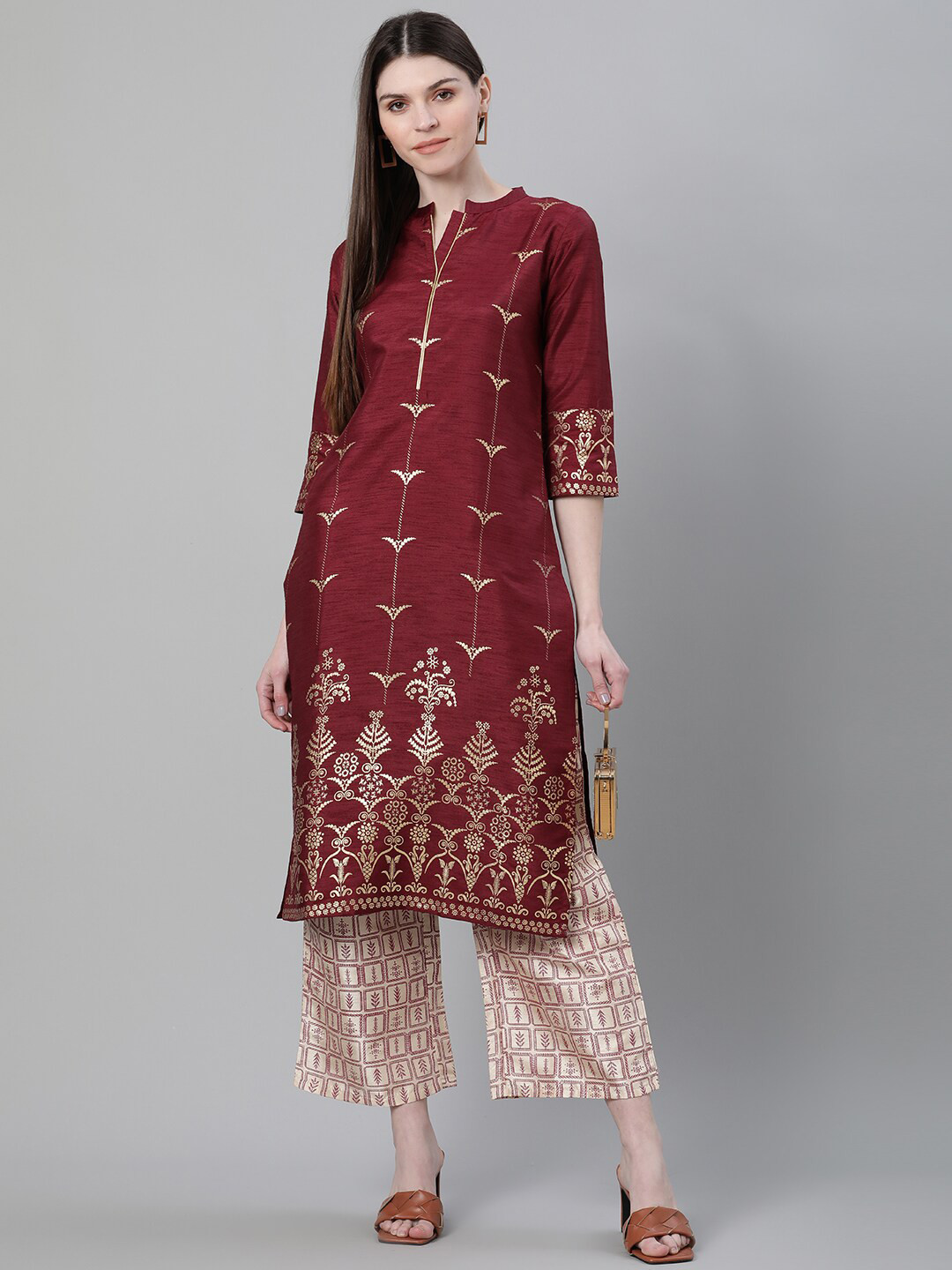

ZIYAA Women Maroon & Off-White Printed Kurta with Palazzos