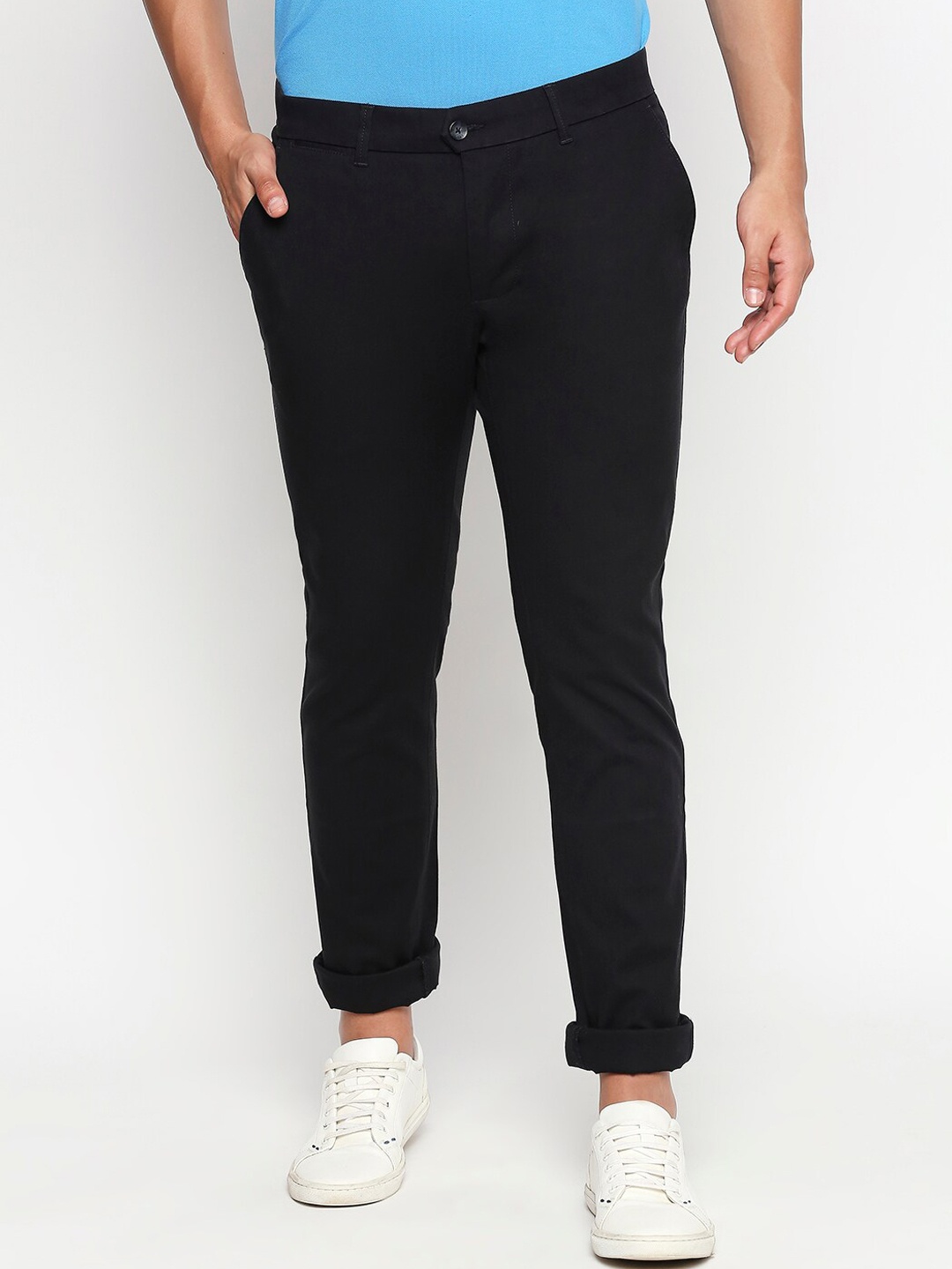 Basics Men Black Tapered Fit Solid Regular Trousers