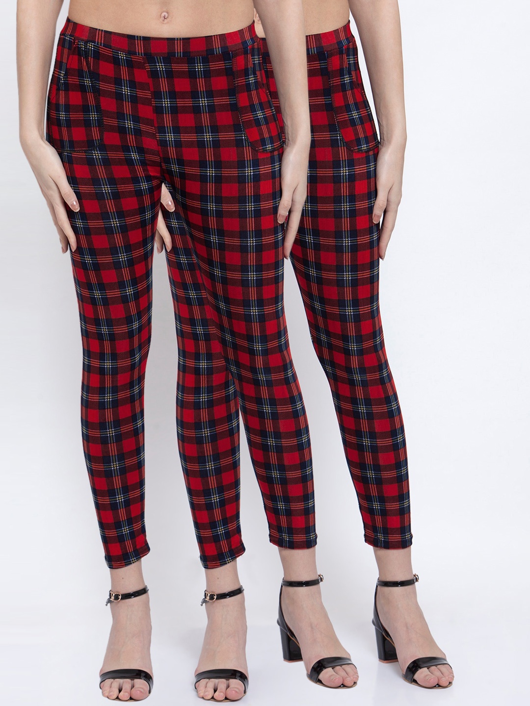 KLOTTHE Women Pack of 2 Red & Blue Checked Ankle Length Leggings